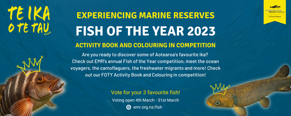 Are you ready to discover some of Aotearoa's favourite ika?  Check out EMR's annual Fish of the Year competition, meet the ocean voyagers, the camoflaguers, the freshwater migrants and more! Check out our FOTY Activity Book and Colouring in competition!